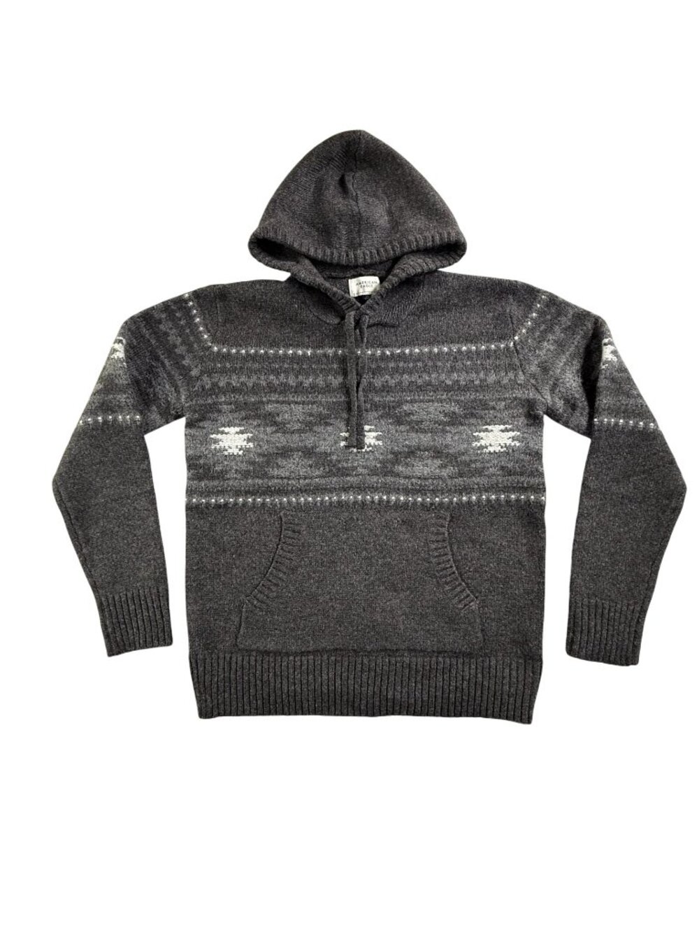 American Eagle Sweater Mens Small Gray Hooded Fair Isle Knit Pullover Winter